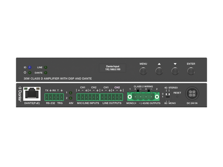 2x15W Class D PoE Audio Amplifier with Dante and Line/Mic Inputs