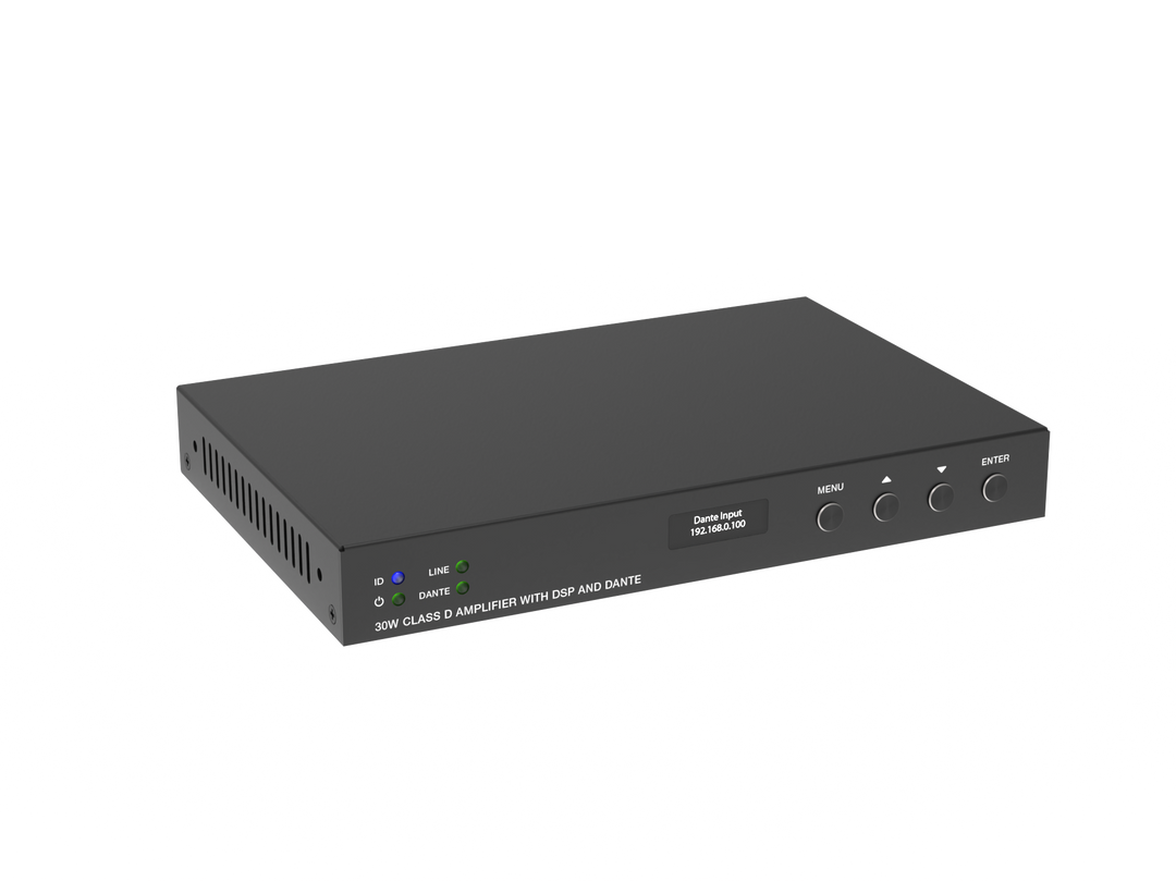 2x15W Class D PoE Audio Amplifier with Dante and Line/Mic Inputs