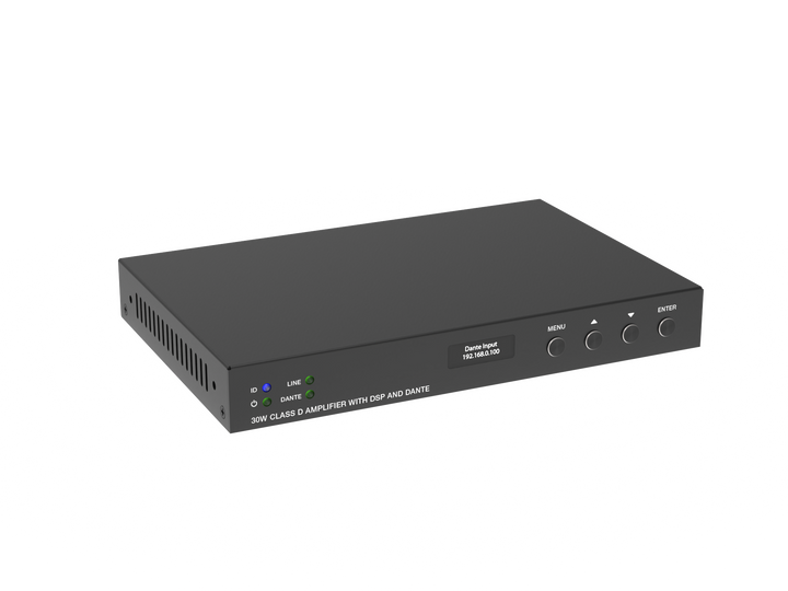 2x15W Class D PoE Audio Amplifier with Dante and Line/Mic Inputs