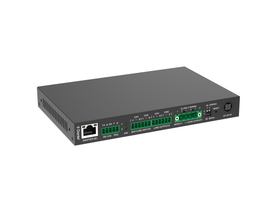 2x15W Class D PoE Audio Amplifier with Dante and Line/Mic Inputs