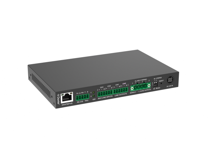 2x15W Class D PoE Audio Amplifier with Dante and Line/Mic Inputs