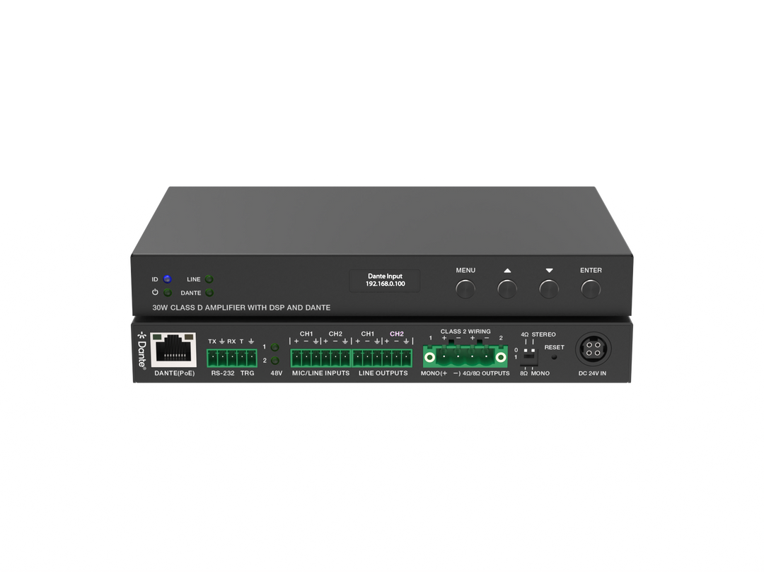 2x15W Class D PoE Audio Amplifier with Dante and Line/Mic Inputs