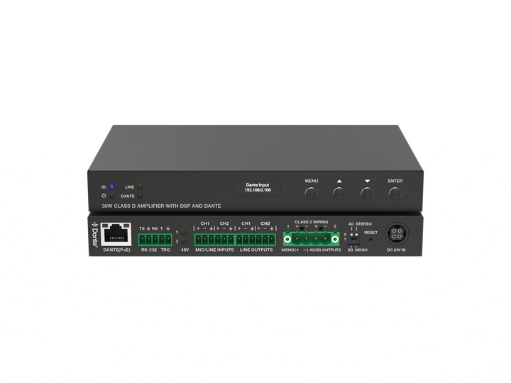 2x15W Class D PoE Audio Amplifier with Dante and Line/Mic Inputs