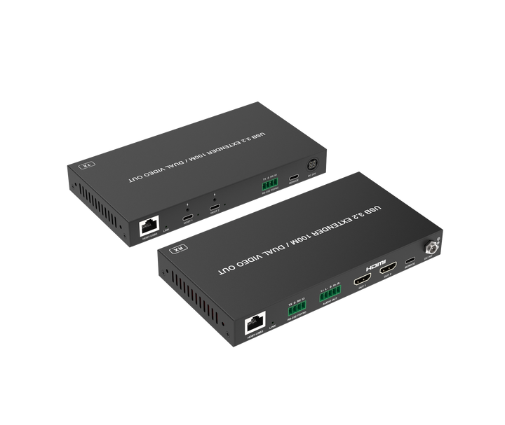 USB 3.2 Extender 100M with USB-C/USB-C Two Inputs and Dual HDMI Outputs / USB-C 100W charging
