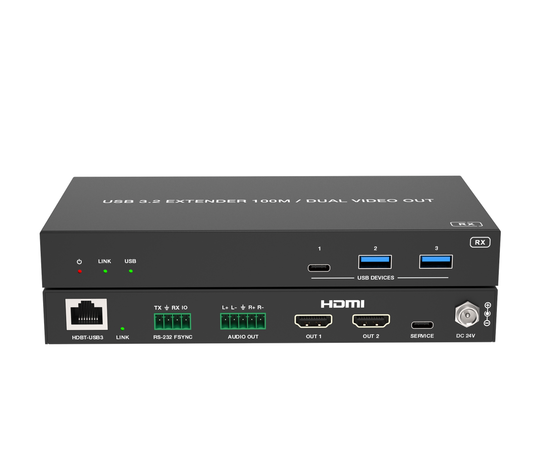 USB 3.2 Extender 100M with USB-C/USB-C Two Inputs and Dual HDMI Outputs / USB-C 100W charging