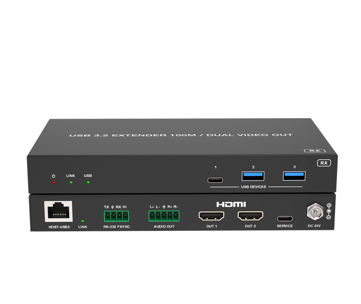 USB 3.2 Extender 100M with USB-C/USB-C Two Inputs and Dual HDMI Outputs / USB-C 100W charging