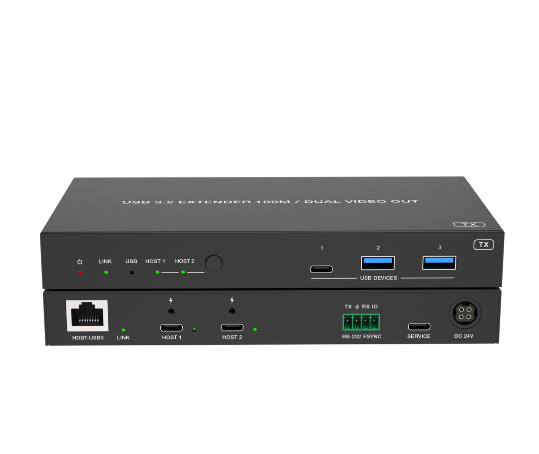 USB 3.2 Extender 100M with USB-C/USB-C Two Inputs and Dual HDMI Outputs / USB-C 100W charging