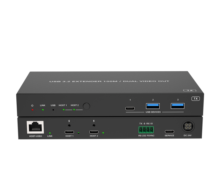 USB 3.2 Extender 100M with USB-C/USB-C Two Inputs and Dual HDMI Outputs / USB-C 100W charging